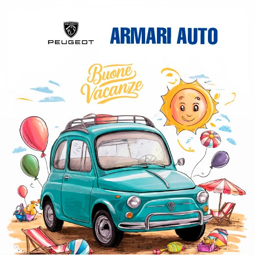un'illustrazione di una macchina azzurra in spiaggia con i loghi Peugeot e Armari Auto e la scritta buone vacanze